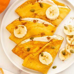 best fluffy pumpkin crepes with pumpkin yogurt filling topped bananas and pumpkin spice