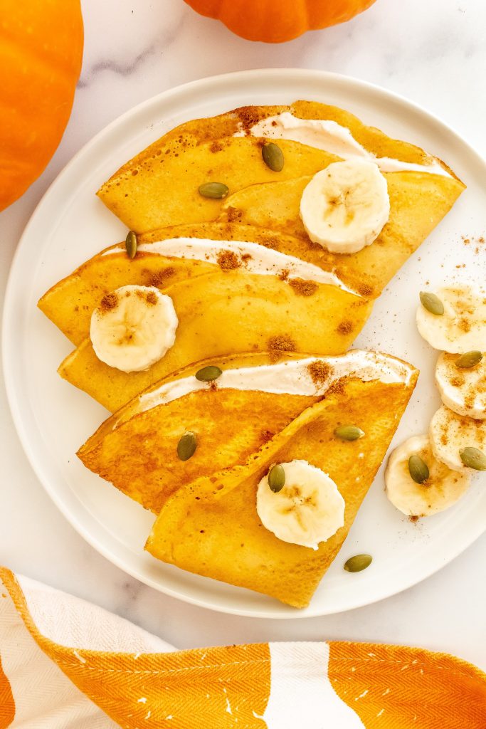best fluffy pumpkin crepes with pumpkin yogurt filling topped bananas and pumpkin spice