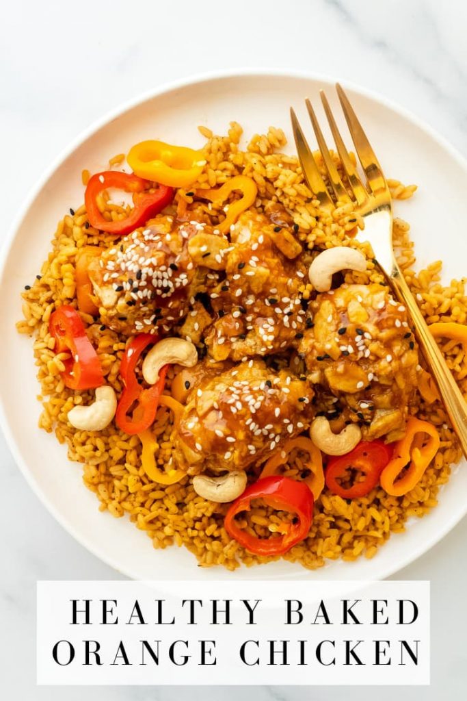 healthy baked orange chicken with peppers and rice