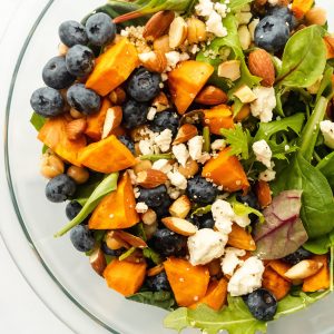 blueberry sweet potato greens and grains bowl