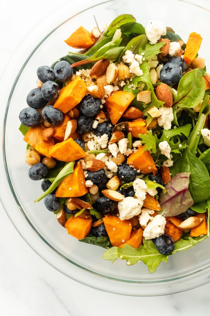 blueberry sweet potato greens and grains bowl