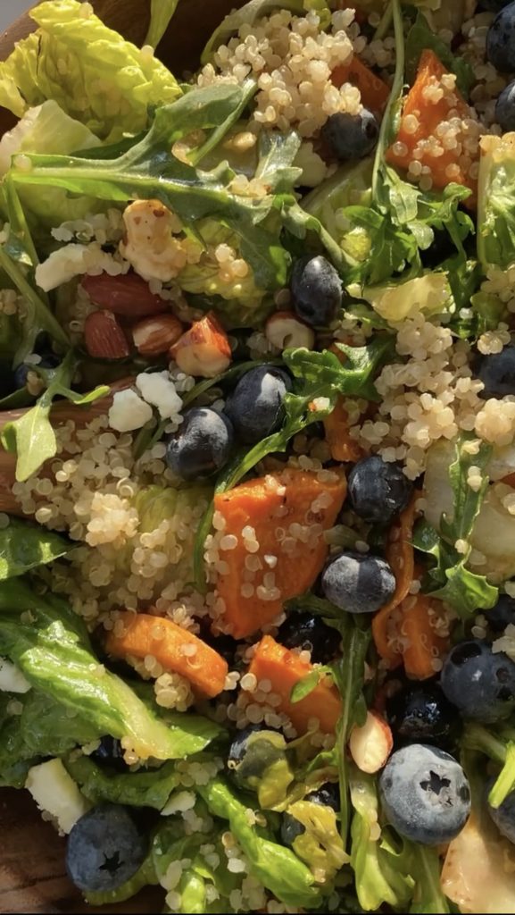 Blueberry Sweet Potato Salad with Quinoa and Almonds with a Balsamic Vinaigrette