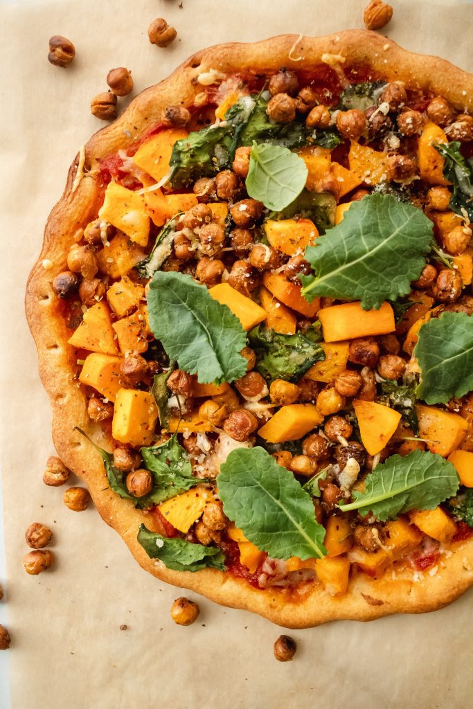 Butternut squash pizza with roasted chickpeas made gluten free with dairy free options and packed with plant based protein 