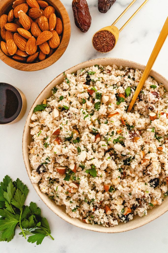 cauliflower couscous with dates, almonds and parsley