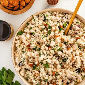 cauliflower couscous with dates, almonds and parsley