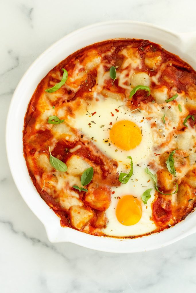 cauliflower gnocchi pizza egg bake 