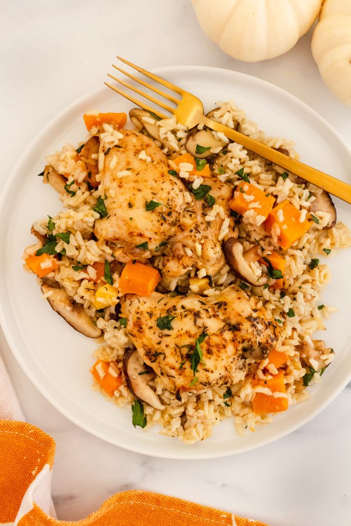 chicken thighs baked with brown rice, butternut squash, apples and mushrooms for fall