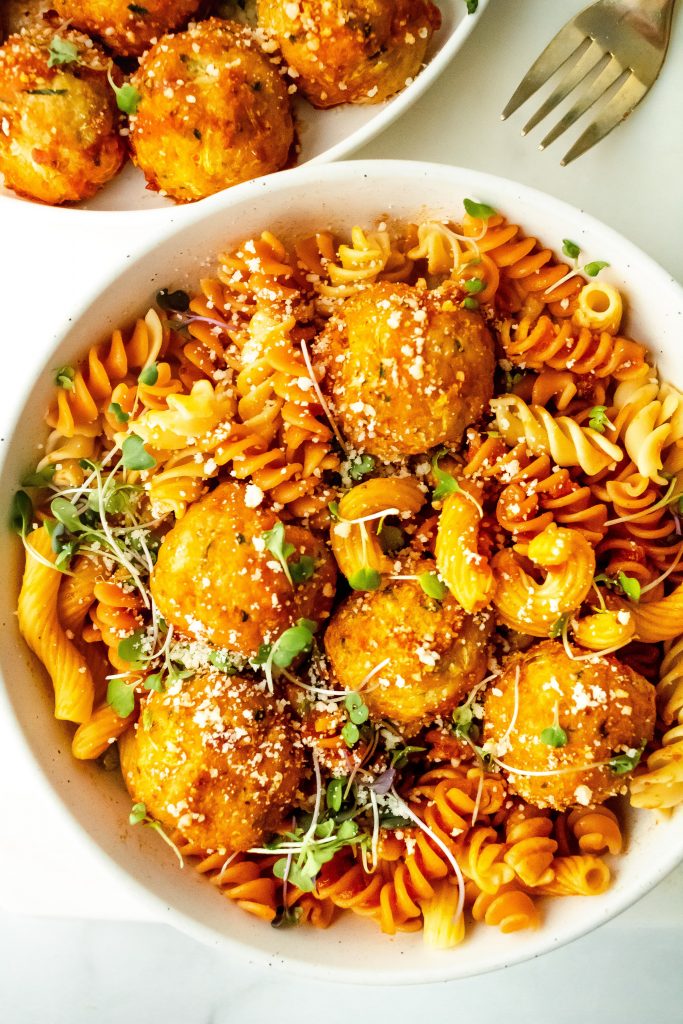 chicken zucchini meatballs with chickpea pasta