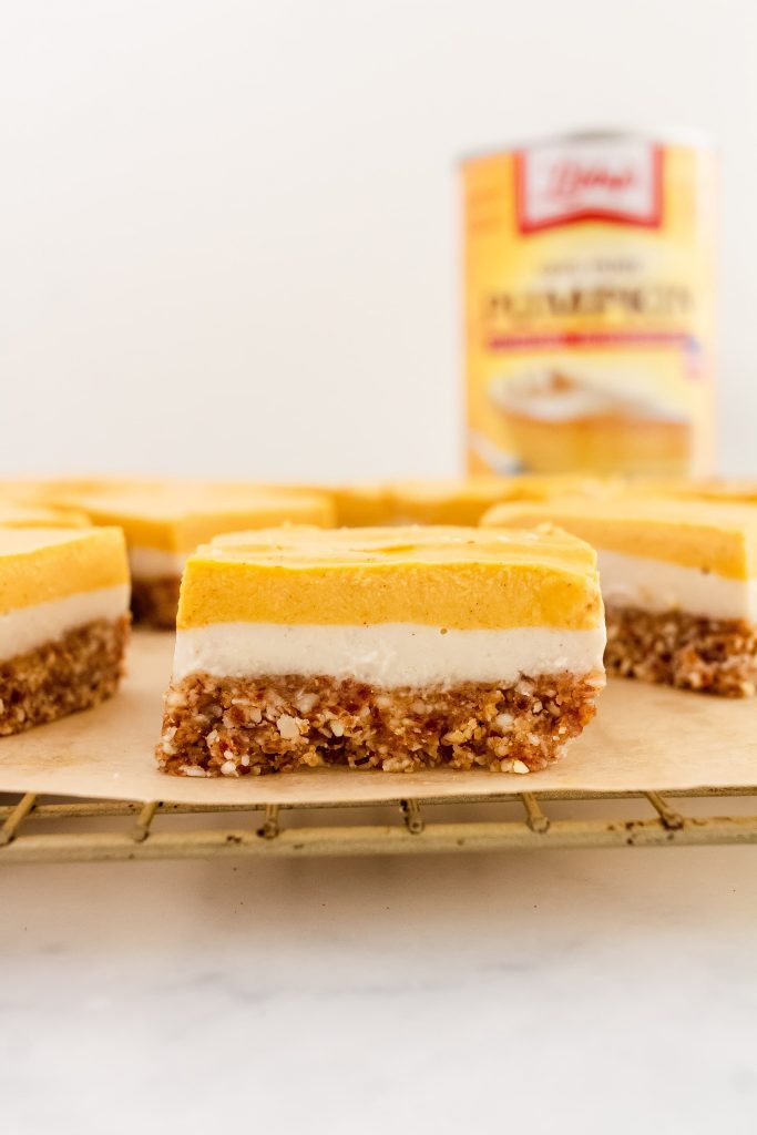 dairy free no bake layered pumpkin cheesecake bars made with libbys pumpkin