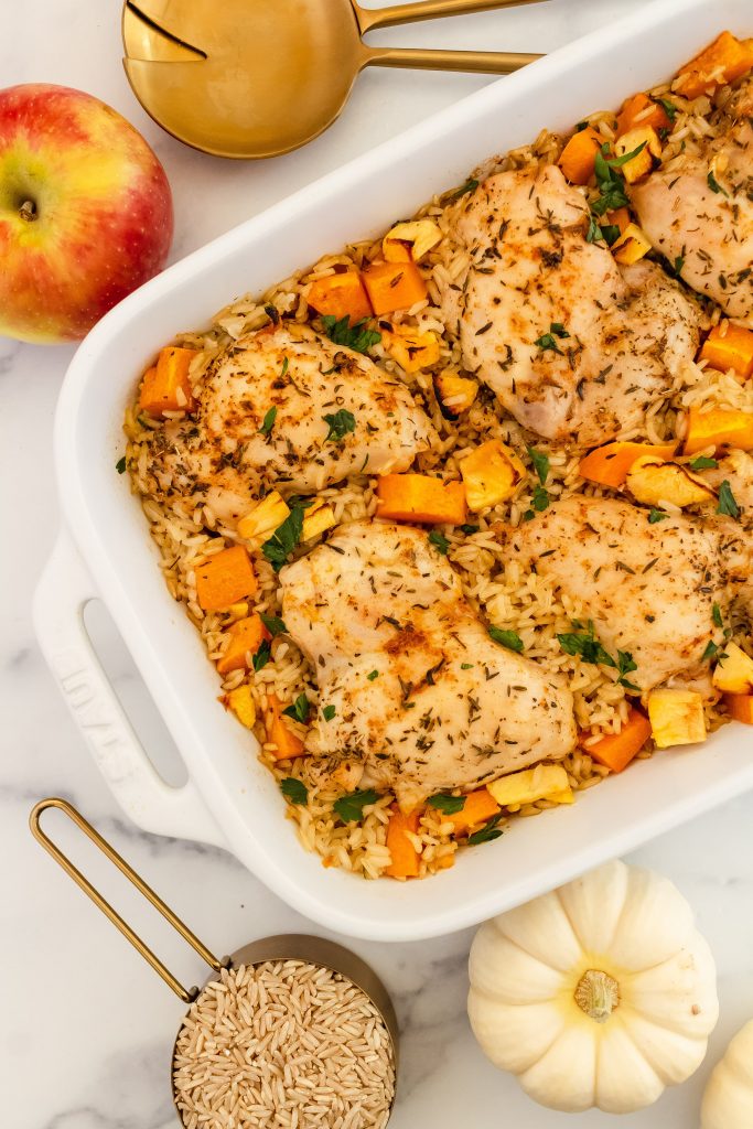 fall chicken and rice bake with chicken thighs, brown rice, butternut squash, apples and mushrooms