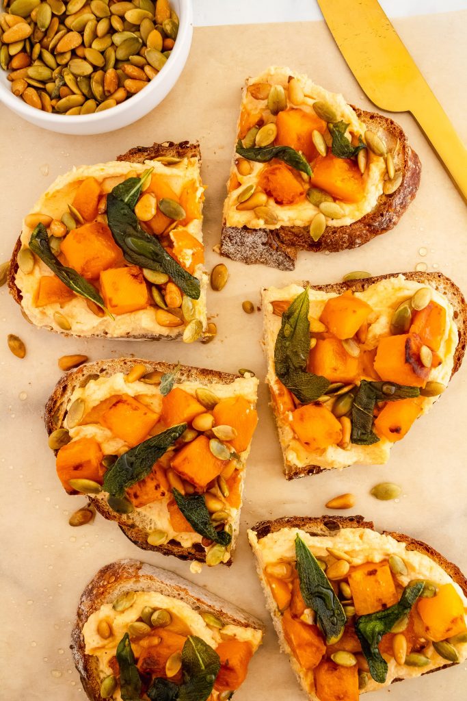 fall toast with pumpkin ricotta, butternut squash, pumpkin seeds, pine nuts and sage