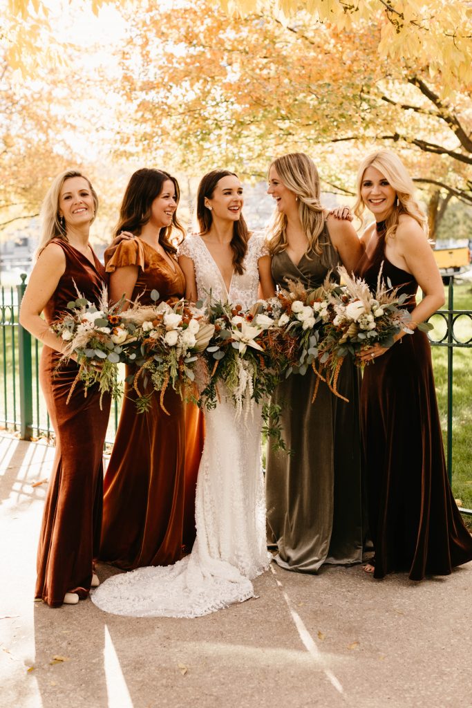 Fall Wedding Recap Mismatched Colors Velvet Bridesmaid Dresses