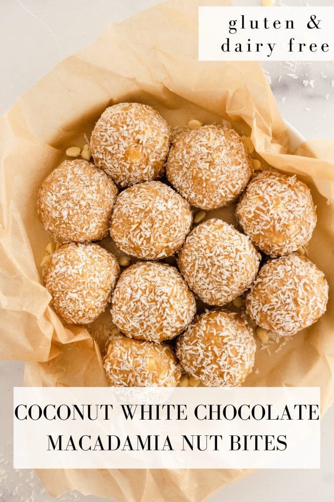 gluten and dairy free coconut white chocolate macadamia nut bites