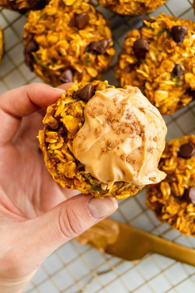 gluten and dairy free pumpkin zucchini oatmeal cup with chocolate chips
