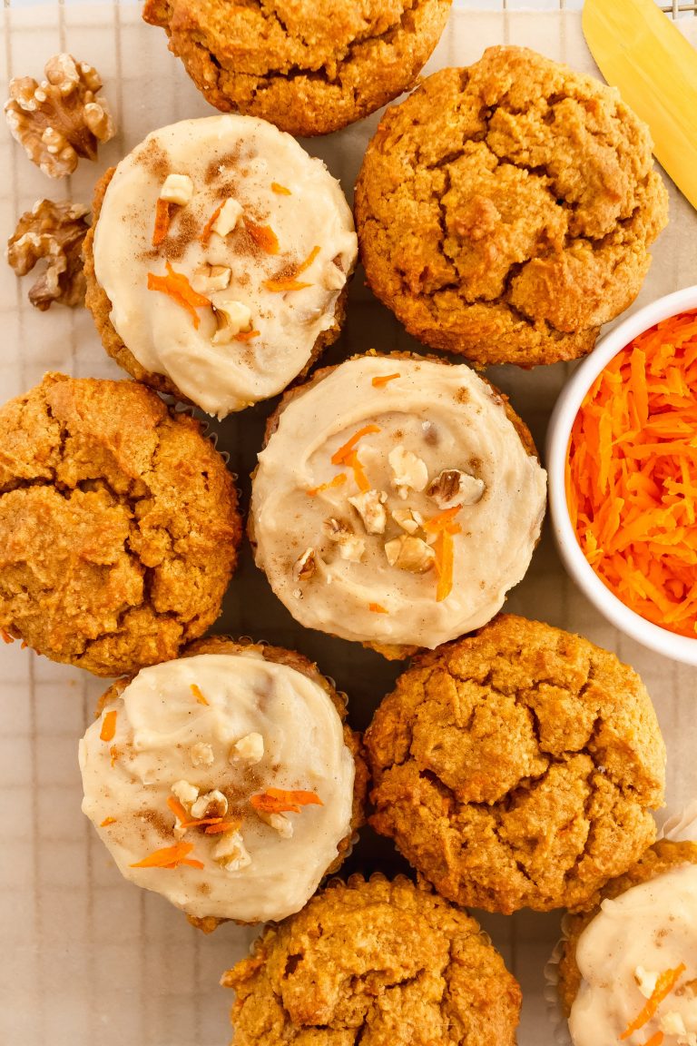 gluten free pumpkin carrot muffins with dairy free cashew cream cheese frosting