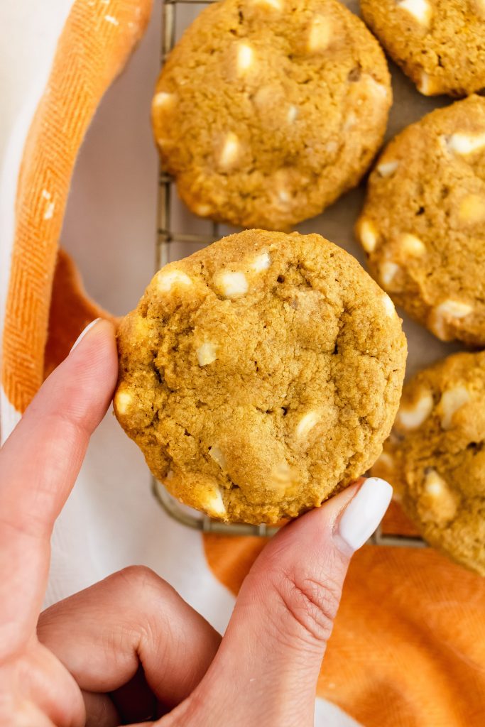 gluten free pumpkin white chocolate chip macadamia nut cookies with oat flour