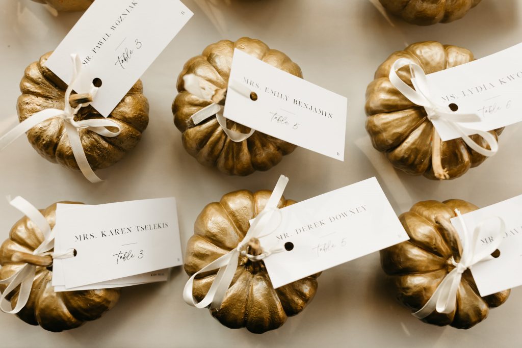 gold pumpkin wedding place cards