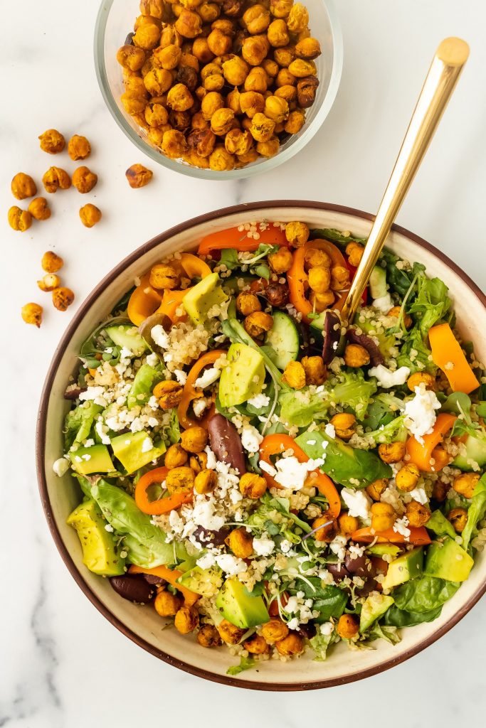 greek salad with chickpeas and avocado
