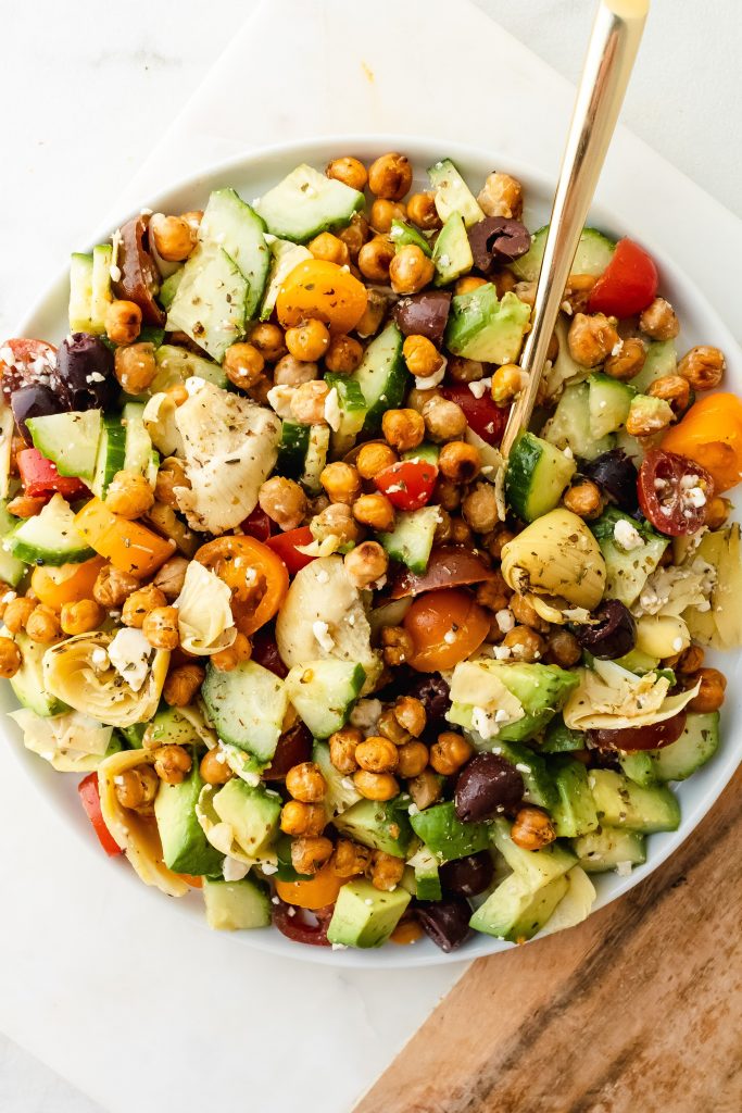 healthy greek salad with roasted chickpeas