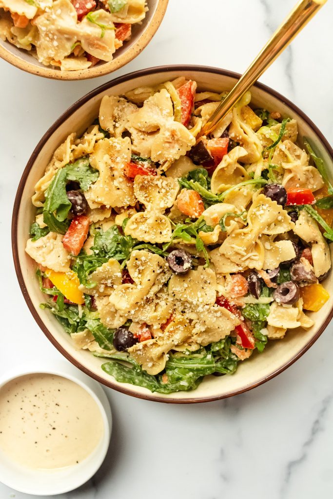 kitchen sink pasta salad with creamy tahini dressing