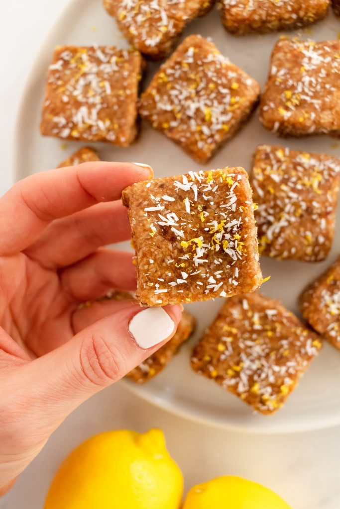 no bake lemon bars with dates, almonds, coconut and collagen