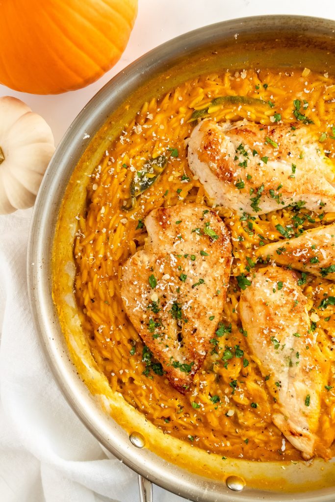 one skillet pumpkin white wine orzo with chicken, sage and parmesan