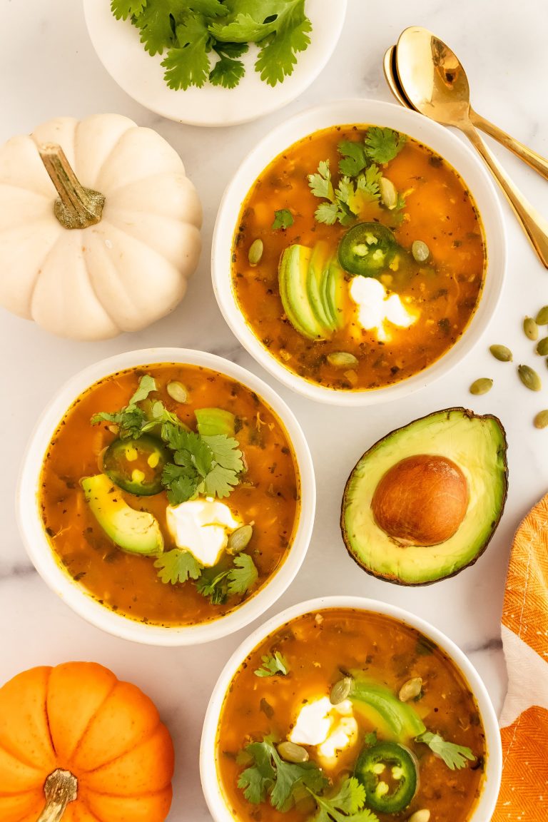 pumpkin white bean chicken chili with avocado, yogurt and fresh cilantro