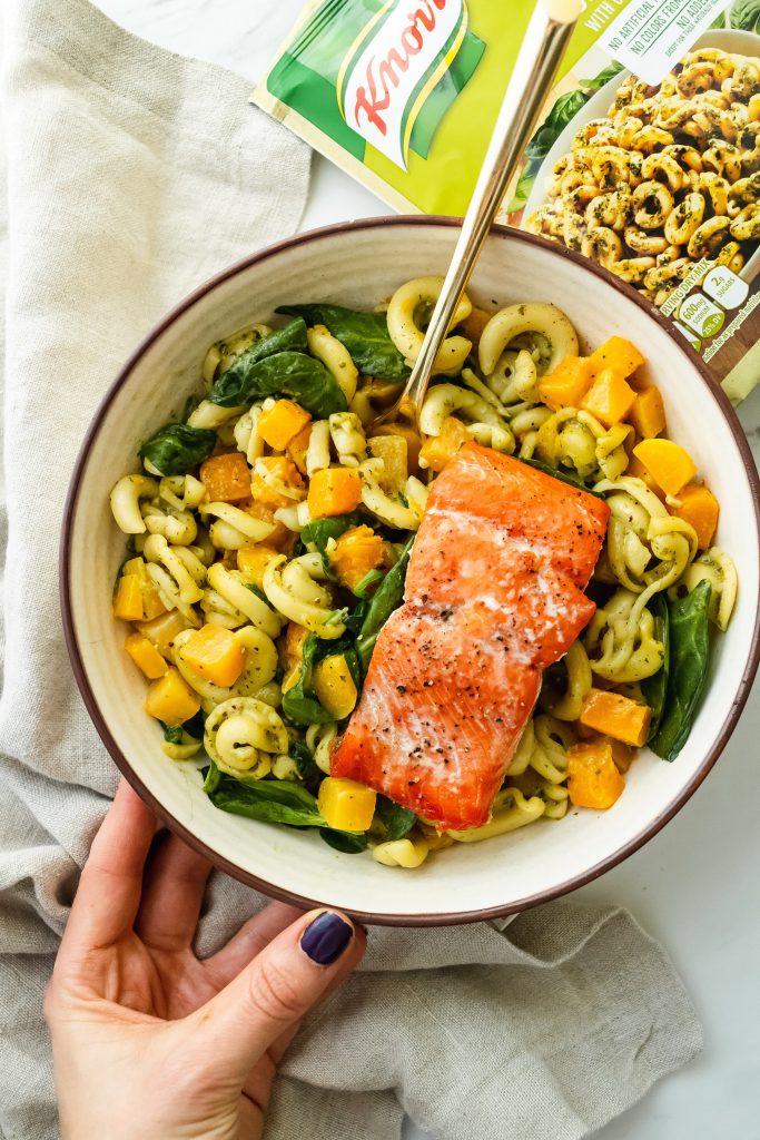 Roasted Garlic Pesto Pasta with Baked Salmon, Butternut Squash and Spinach