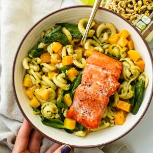 Roasted Garlic Pesto Pasta with Baked Salmon, Butternut Squash and Spinach