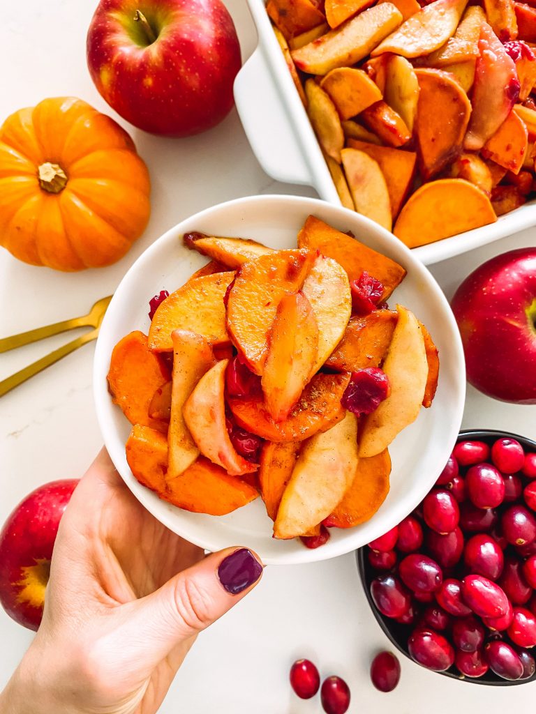 roasted sweet potatoes with apples and fresh cranberries