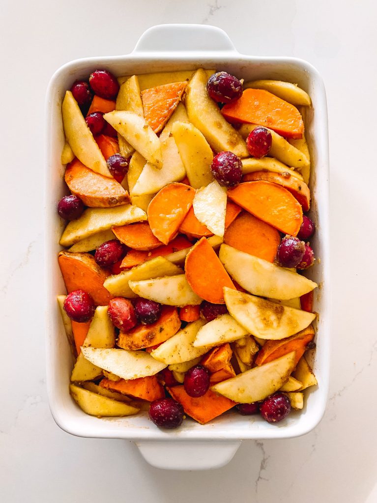 roasted sweet potatoes with apples, cranberries, brown sugar and butter