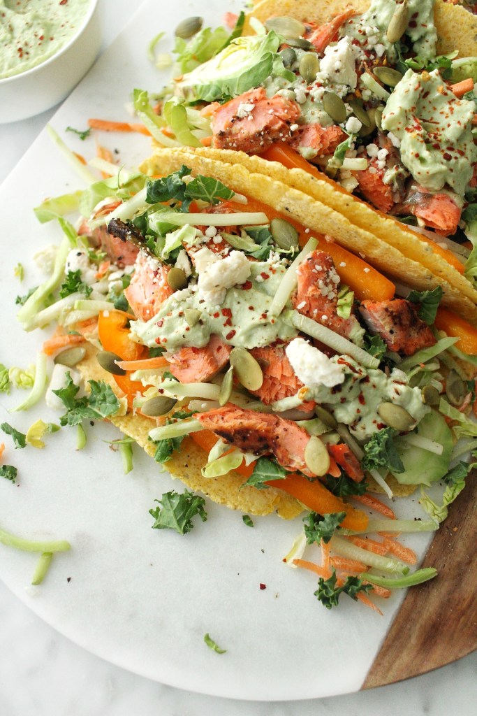 salmon tacos with avocado yogurt crema 