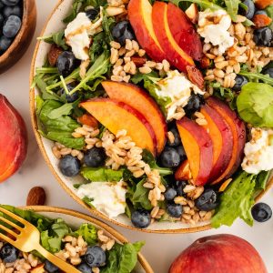 summer-salad-with-blueberries-peaches-burrata-farro-almonds-and-balsamic-vinaigrette