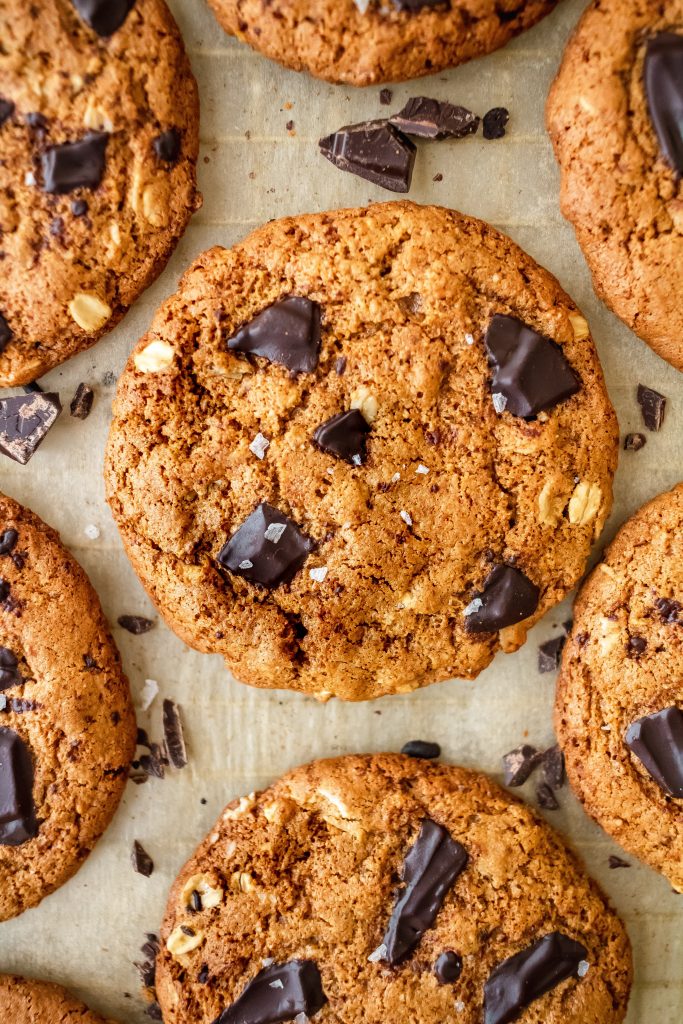 thin and crispy healthy chocolate chip cookies with oats and blood orange zest