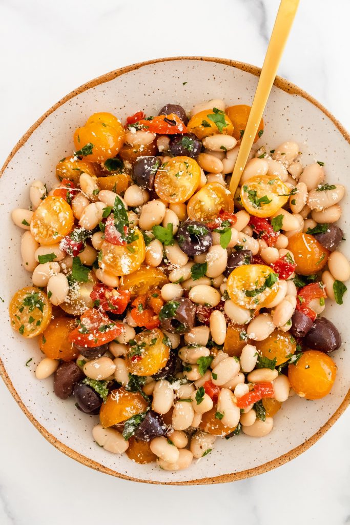 tomato and herb white bean salad with olives and roasted red pepper