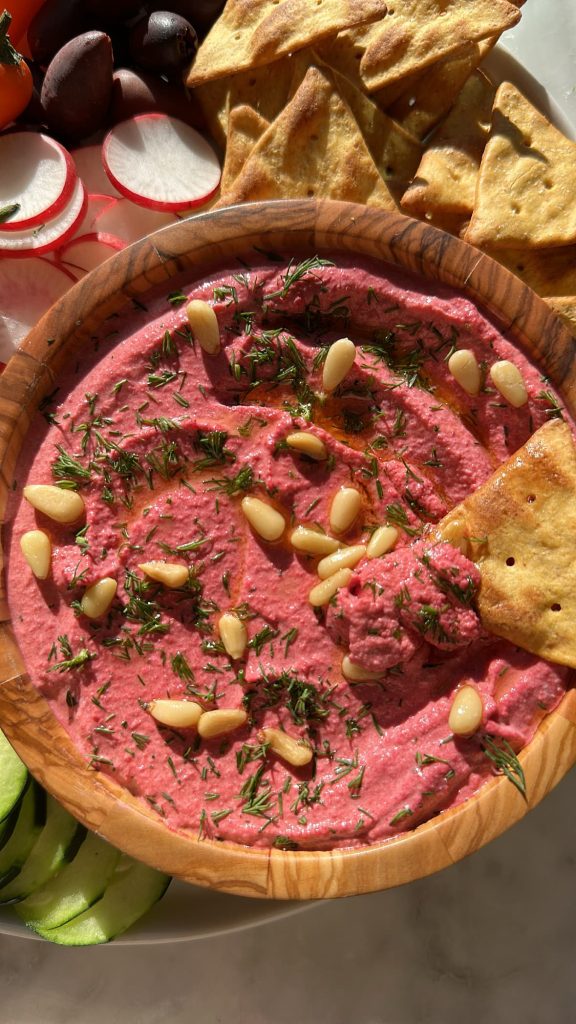 whipped feta with beet and fresh dill for a beet dip