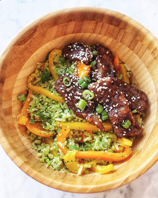 beef and riced broccoli bowls