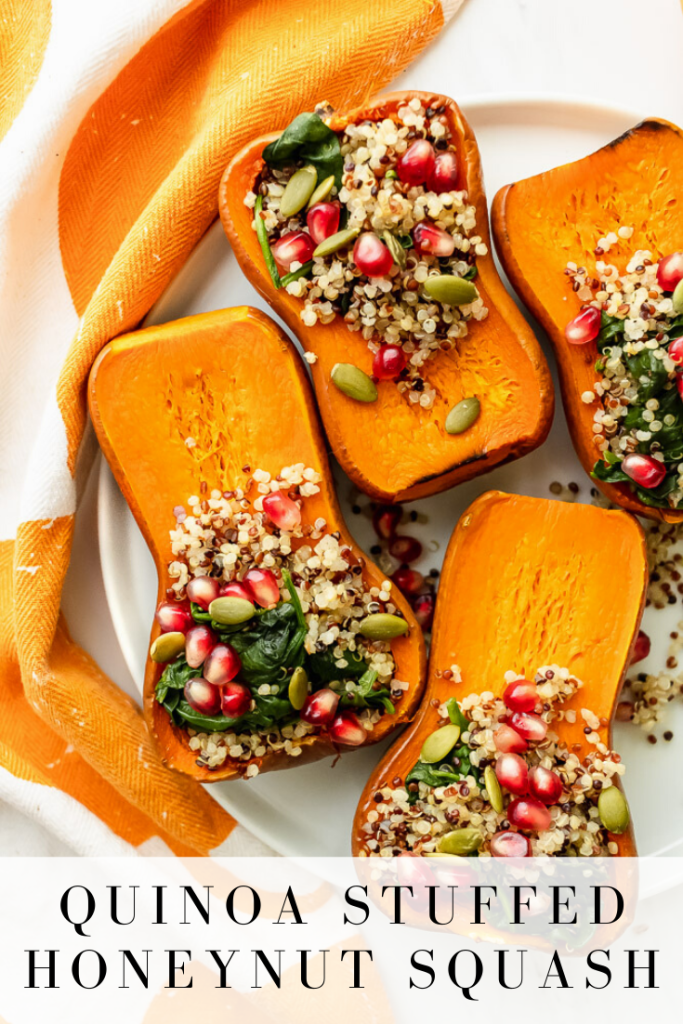 Festive, delicious and super nutritious make this quinoa stuffed honeynut squash for a super easy weeknight meal! It's sweeter and nuttier tasting than a butternut squash and simple to roast! #honeynutsquash #quinoa #squash # fall #pomegranateseeds #pumpkinseeds #onceuponapumpki