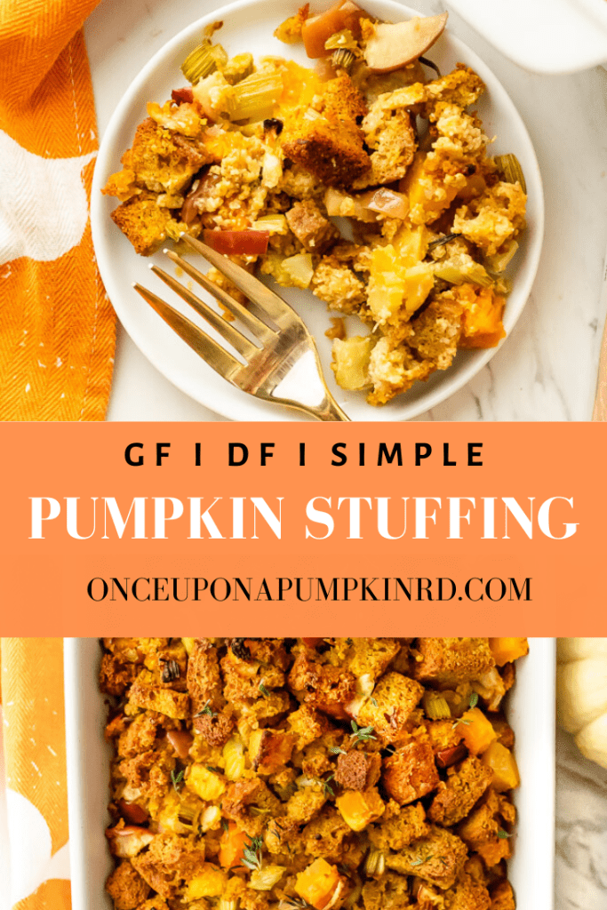 Make this delicious gluten and dairy free pumpkin stuffing for your holiday table! It's made with simple ingredients, completely vegetarian and easy for anyone to make. #stuffing #pumpkin #vegetarian #glutenfree #dairyfree #thanksgiving #sidedish #onceuponapumpkin