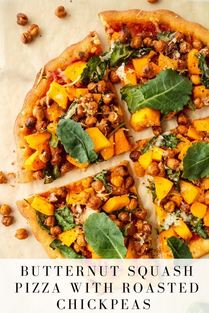 plant based veggie pizza with butternut squash, chickpeas and kale
