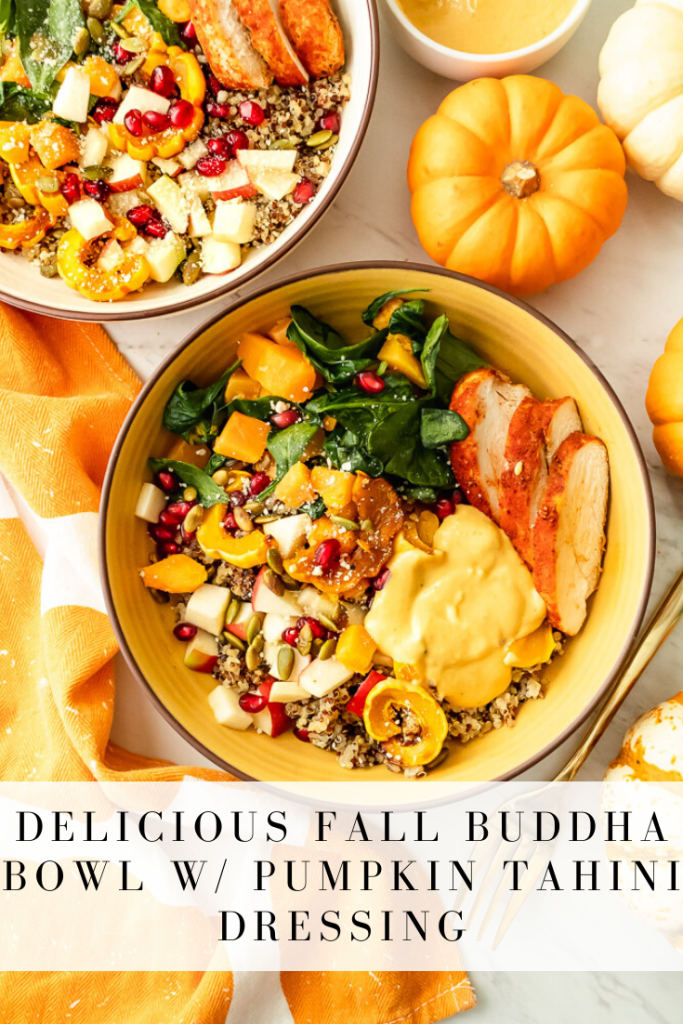 This fall buddha bowl with pumpkin tahini dressing is super flavorful and packed with nutrition for the season! It's easy to customize to preferences and makes for a great power lunch or dinner! #buddhabowl #fallharvestbowl #pumpkin #squash #protein #greens #quinoa #onceuponapumpkin